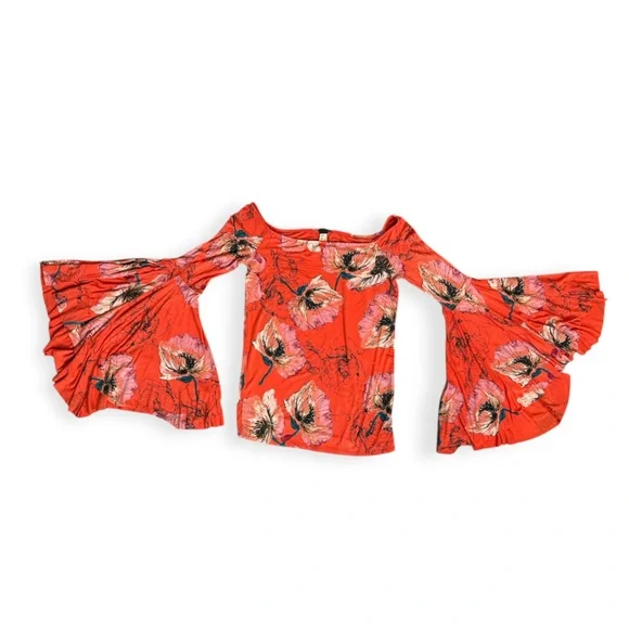 FREE PEOPLE WE THE FREE ORANGE FLORAL OFF THE SHOULDER BELL SLEEVE FITTED TOP - Picture 9 of 15